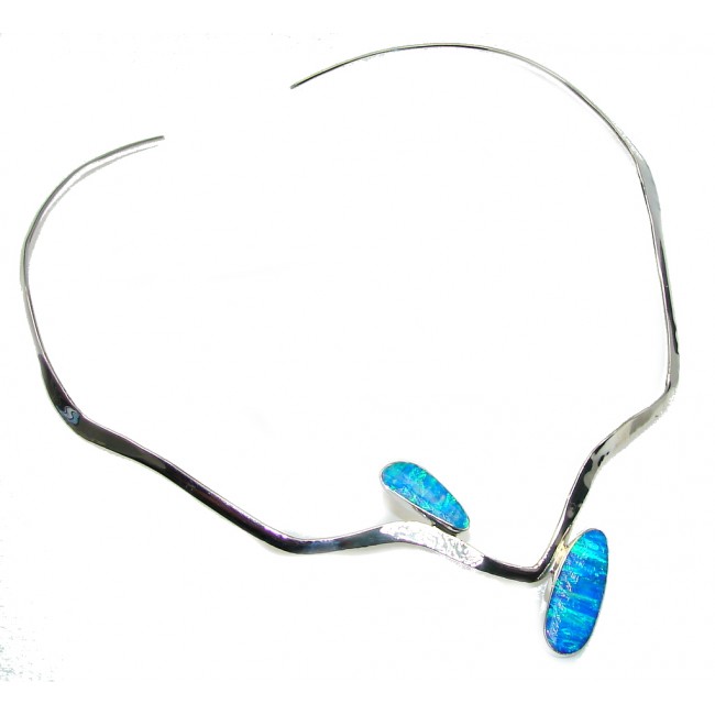 Modern Concept AAA Blue Japanese Fire Opal hammered Sterling Silver Necklaces