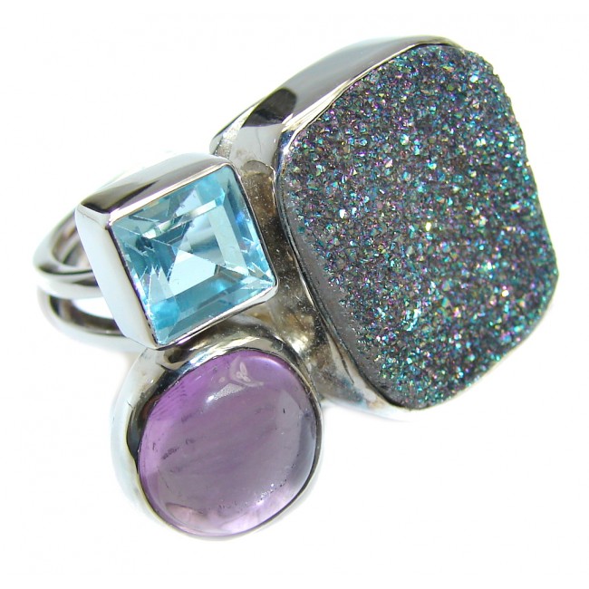 Classic White Agate Druzy Sterling Silver Ring s. 7 1/2 adjustable