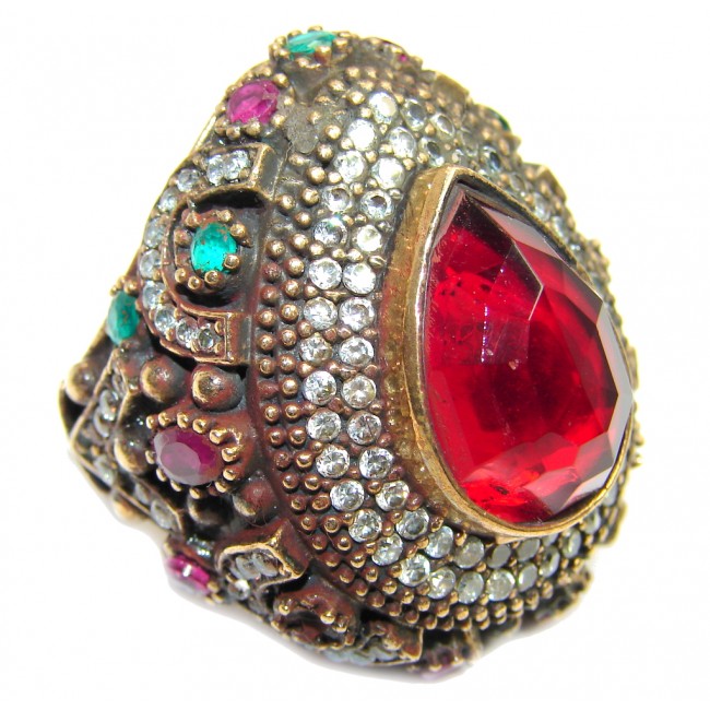 Giant Victorian Style created Ruby & White Topaz Sterling Silver ring; s. 8 1/4
