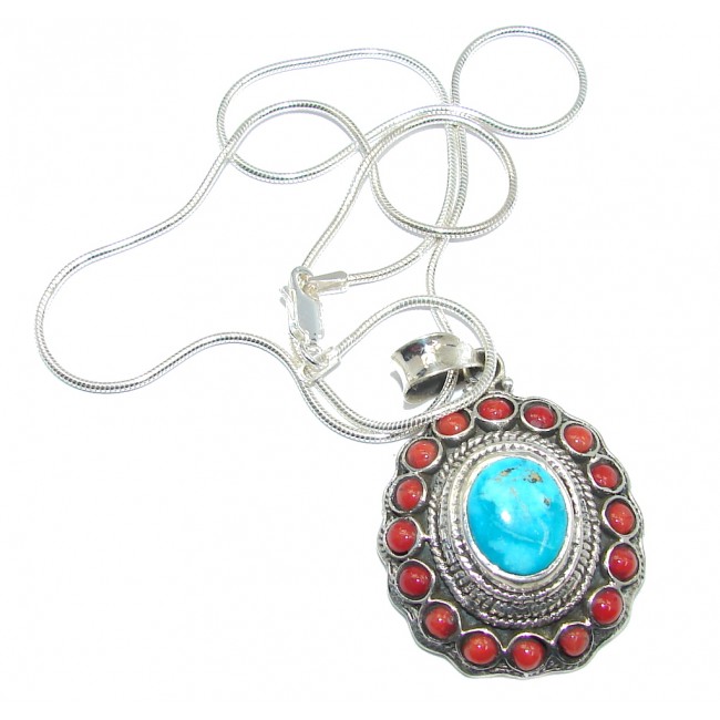 South West Style Beauty Coral Turquoise Sterling Silver Necklace