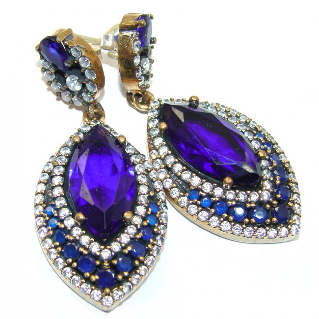 Large Victorian Style created Sapphire Ruby Sterling Silver Earrings