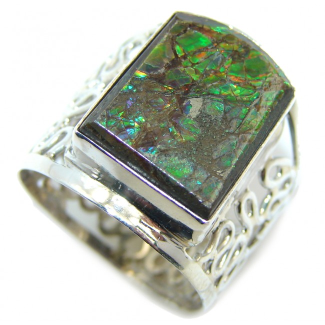 Wild Red Fire AAA Ammolite Sterling Silver ring size 11