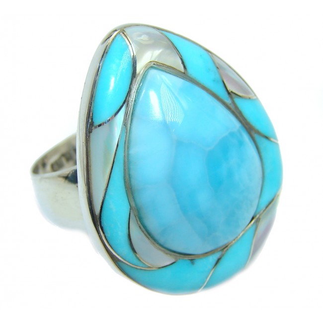 Huge AAA quality Blue Larimar Oxidized Sterling Silver Ring size 10