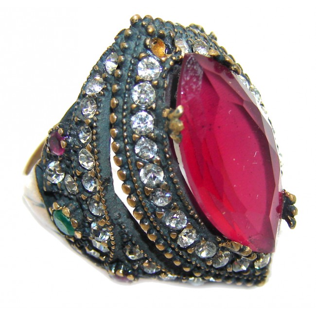 Victorian Style created Ruby & White Topaz Sterling Silver ring; s. 7 3/4