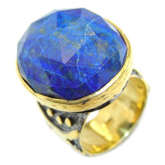 Natural Blue faceted Lapis Lazuli Gold Rhodium Plated Sterling Silver Ring s. 7