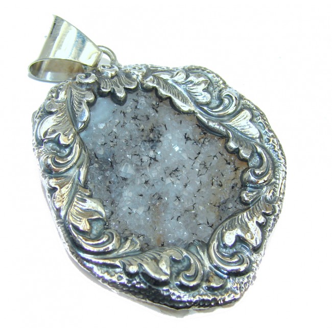 Carved Flower Rough Druzy Citrine Sterling Silver Pendant