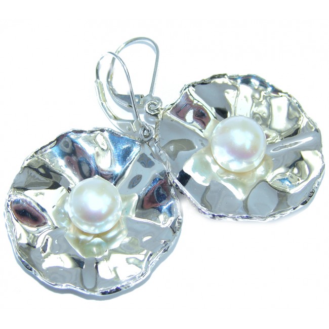 Big Fresh Water Pearl Hammered Sterling Silver earrings