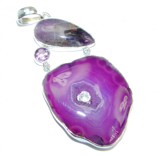 Perfect combination Purple Agate Druzy Amethyst Sterling Silver Pendant