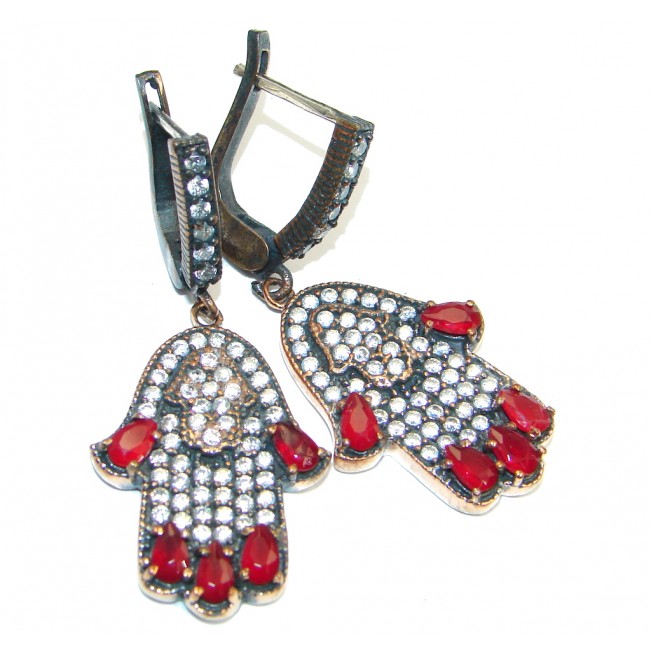 Great Victorian Style created Ruby Hamsa Hands Sterling Silver earrings