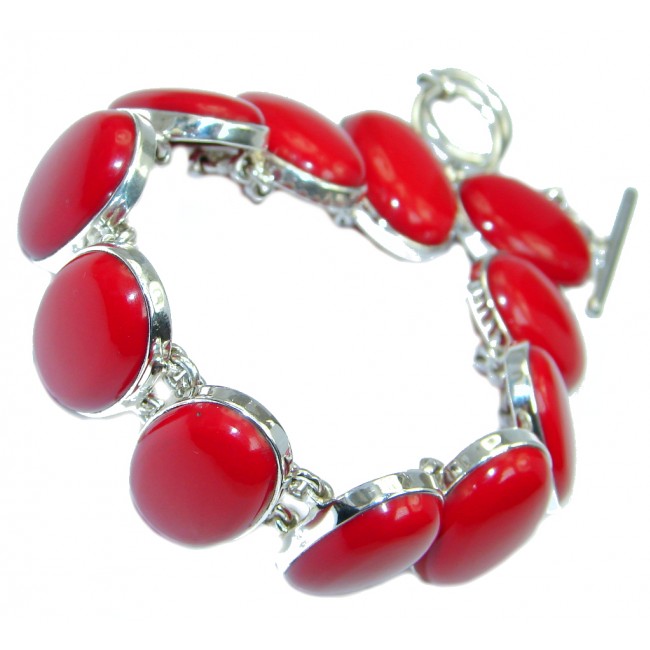 Huge Precious Red Fossilized Coral Sterling Silver Bracelet