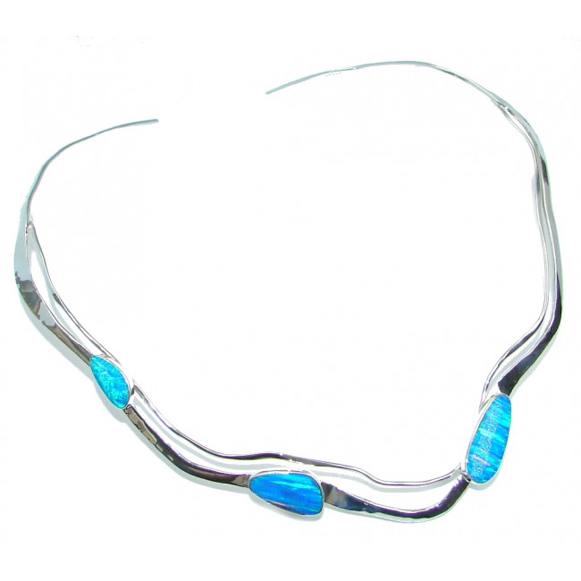 Natural Lab. created Blue Fire Opal Hammered Sterling Silver necklace