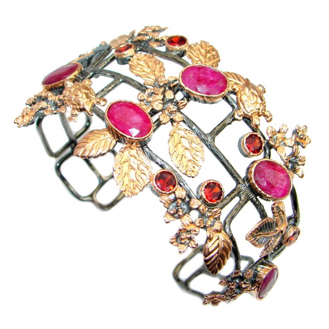 Large Floral Design Ruby Roee Gold Rhodium plated over Sterling Silver Bracelet / Cuff
