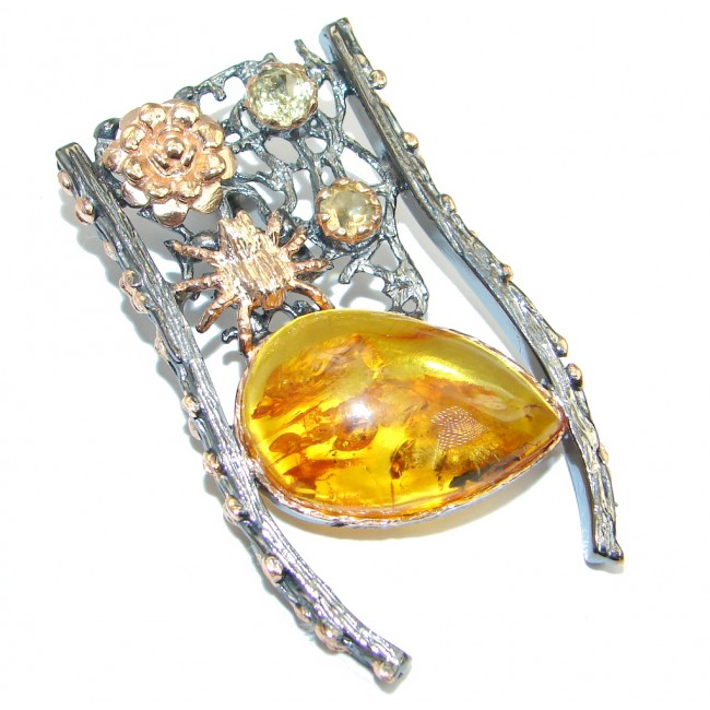 Vintage Design Golden Baltic Amber Gold Rhodium plated over Sterling Silver Pendant