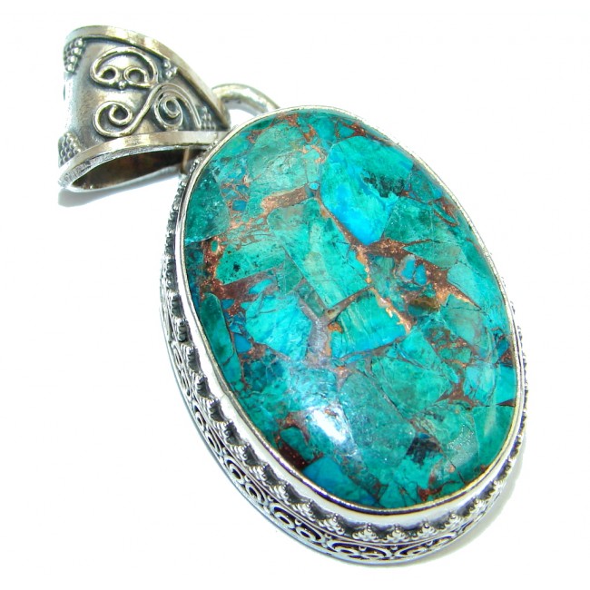 Green Chrysocolla with golden vains Sterling Silver Pendant