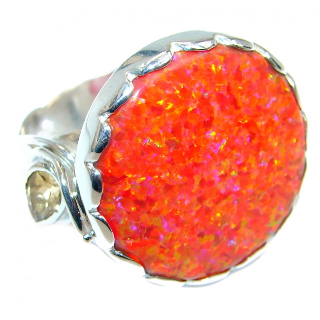 Red Lab created Fire Opal Sterling Silver Ring size adjustable