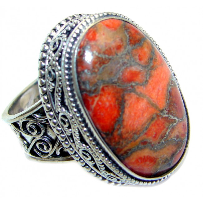 Vintage Design Orange Turquoise with Copper vains Sterling Silver ring; s. 10