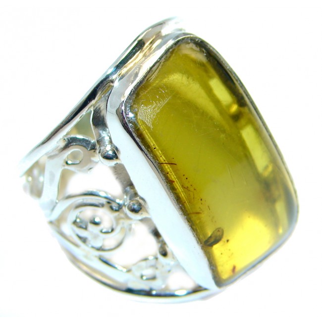 Big Genuine Green AAA Baltic Polish Amber Sterling Silver Ring s. 9 3/4