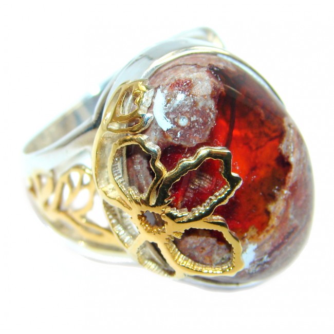 AAA+ Mexican Fire Opal Oxidized Two Tones Sterling Silver handmade Ring size adjustable