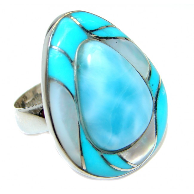Huge Genuine Larimar Inlay Blister Pearl Sterling Silver handmade Ring size 8 1/4