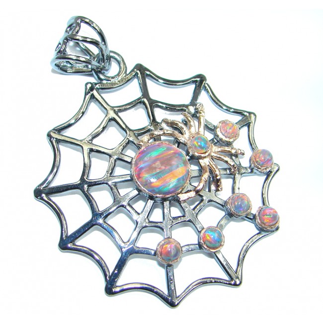 Spider's Web Luxurious Lab. created Pink Fire Opal Sterling Silver handmade Pendant