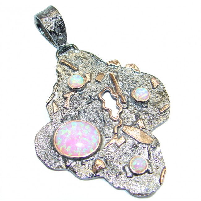 Luxurious Lab. created Pink Fire Opal Gold Rhodium plated over Sterling Silver handmade Pendant