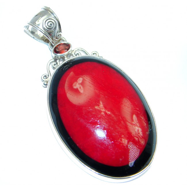 Red Fossilized Coral Garnet Sterling Silver handmade pendant