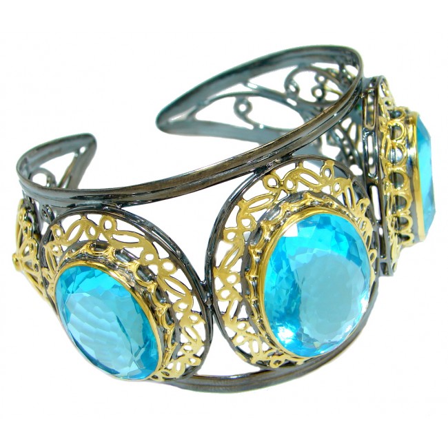 Luxury Swiss Blue Topaz Gold Rhodium plated over Sterling Silver Bracelet / Cuff