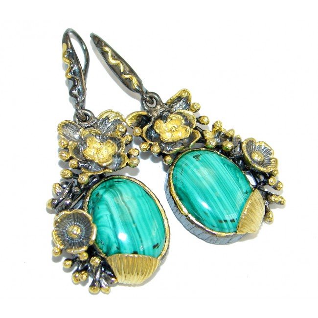 New Design AAA Green Malachite Two Tones Sterling Silver earrings