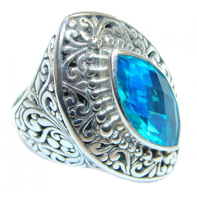 Huge Vintage Design Blue Aqua Topaz Sterling Silver ring s. 7