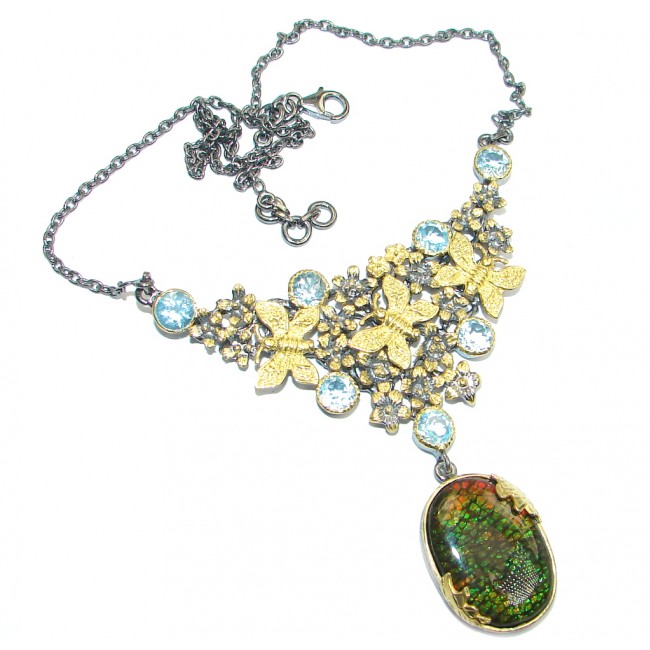 One of the kind Natural Canadian Ammolite Gold Rhodium plated over Sterling Silver handmade necklace