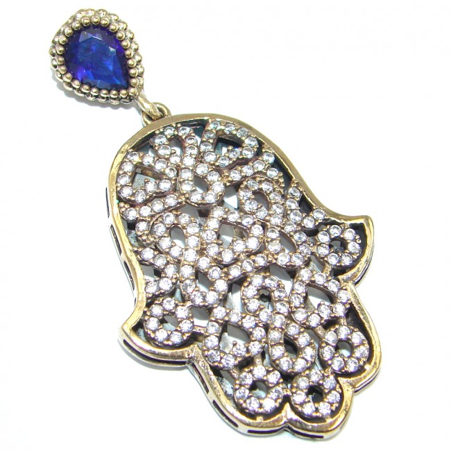 Hamsa Hand created Sapphire Spinel Sterling Silver Pendant