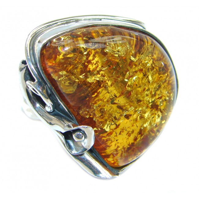 Huge Genuine Baltic Polish Amber Sterling Silver handmade Ring size 8