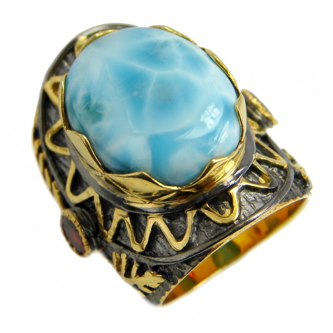 Oversized Larimar Gold Rhodium plated over Sterling Silver Ring size 8 1/2