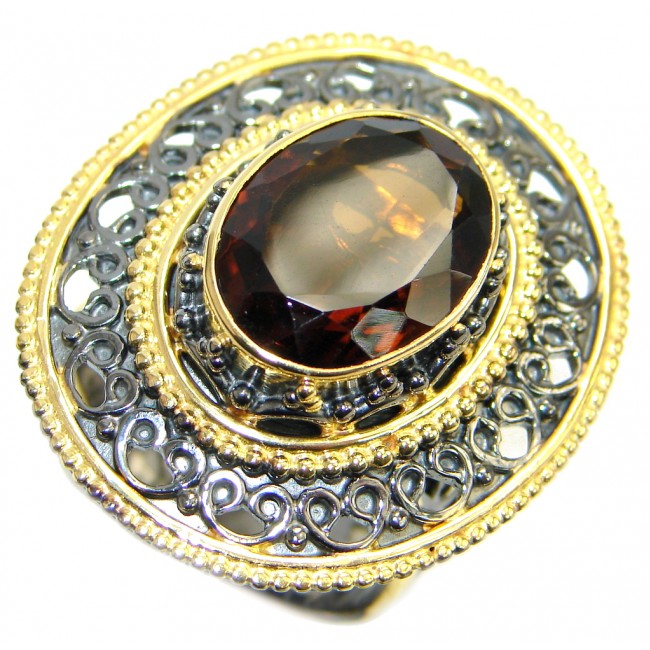 Large Champagne Smoky Topaz Gold plated Sterling Silver Ring size adjustable