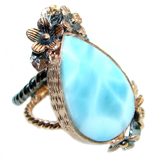 Natural AAA Blue Larimar Rose Gold plated over Sterling Silver handmade rind size adjustable
