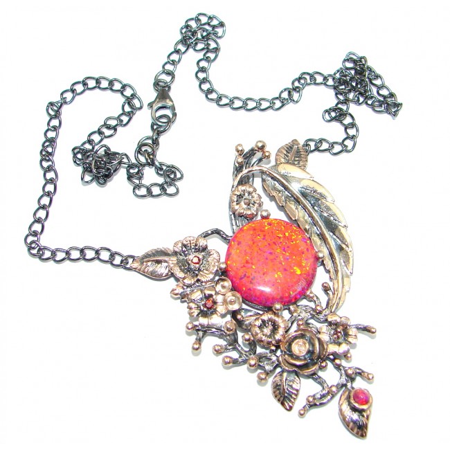 Exclusive created Red Japanese Fire Opal Gold Rhodium plated over Sterling Silver handmade Necklaces