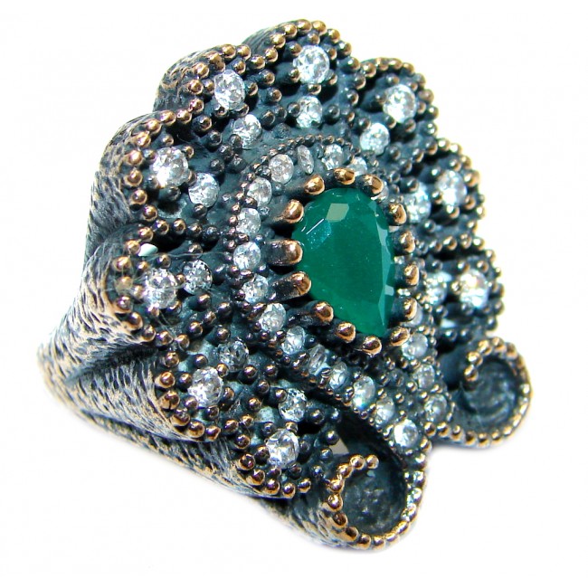 Victorian Style created Emerald & White Topaz Copper over Sterling Silver ring; s. 6 1/2