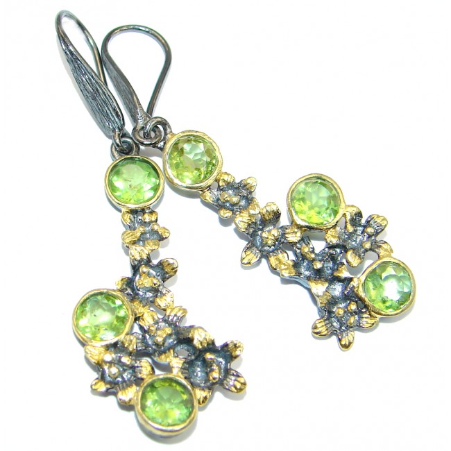 Floral genuine Peridot Gold Rhodium plated over Sterling Silver Earrings