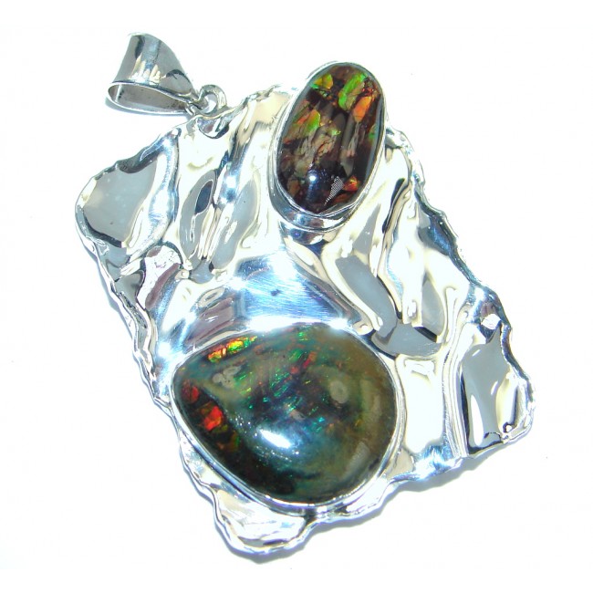 Natural Red Fire Ammolite hammered Sterling Silver Pendant