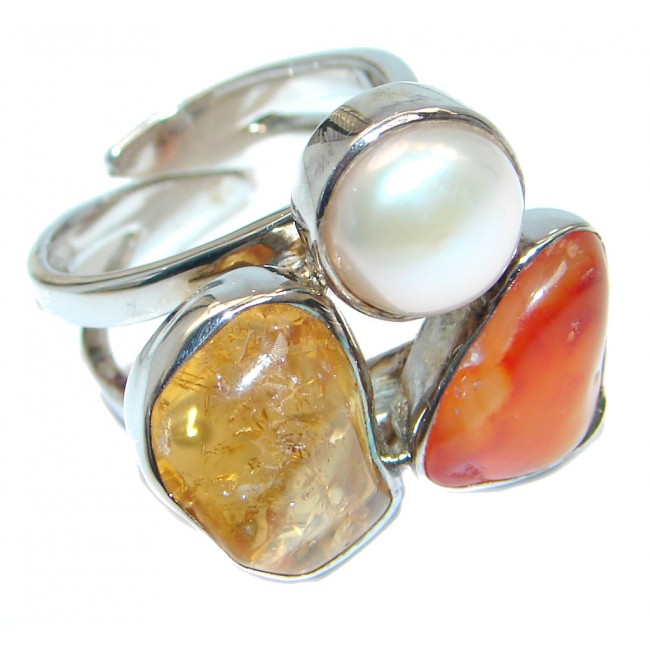 Genuine Baltic Amber Carnelian Pearl Sterling Silver handmade Ring size adjustable