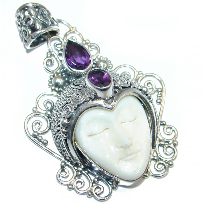 Moonface Carved Ox Bone Amethyst Sterling Silver Pendant
