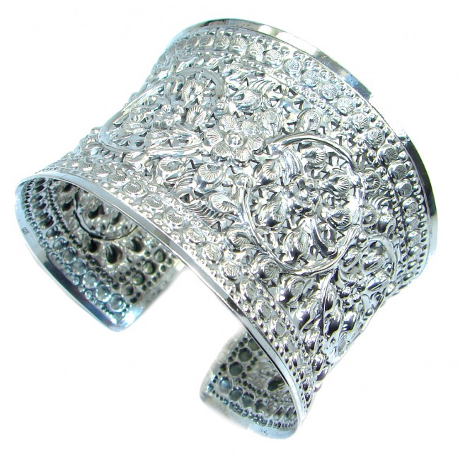 Large Floral Design handcrafted Sterling Silver Bracelet / Cuff