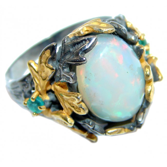 Unique Natural Ethiopian Opal Emerald Gold Rhodium plated over Sterling Silver ring s. 7 3/4