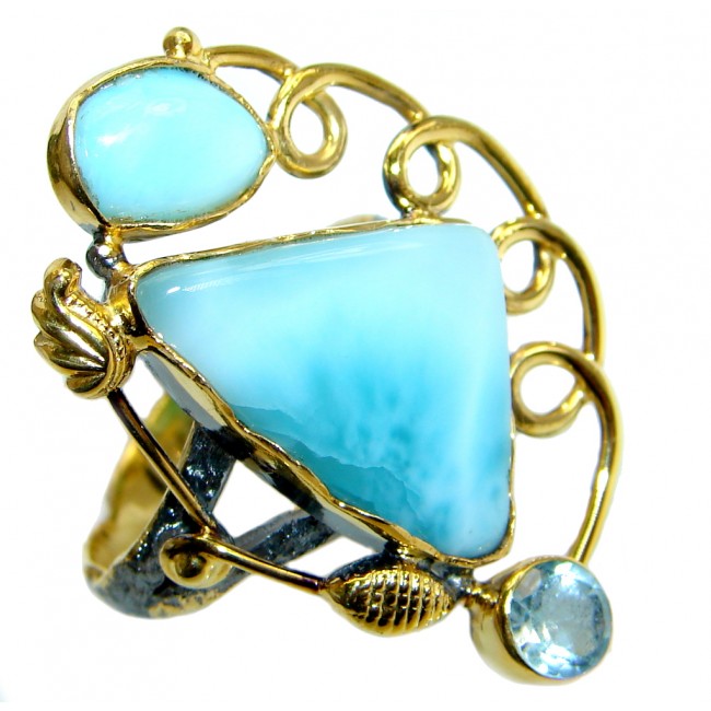 Natural Larimar Gold Rhodium plated over Sterling Silver Ring size 9
