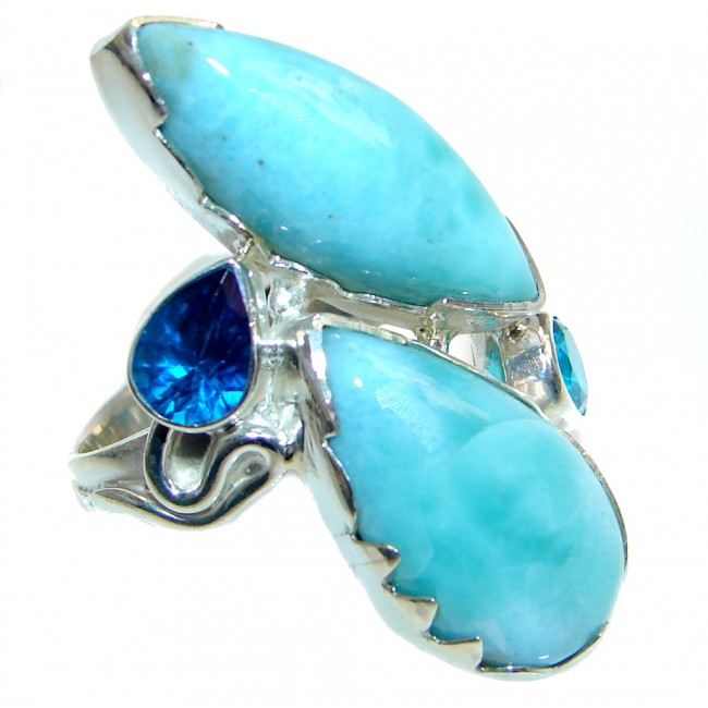 Genuine Blue Larimar Two Tones Sterling Silver handmade Ring size 7