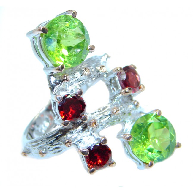 Large Garnet Peridot Rose Gold plated over Sterling Silver ring; s. 8