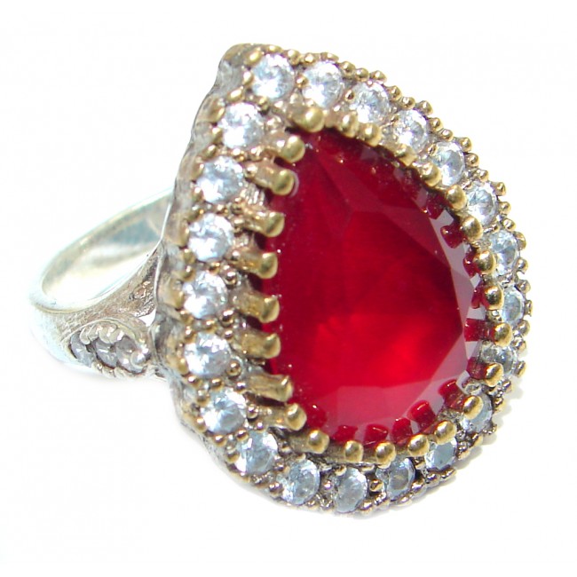 Victorian Style created Ruby & White Topaz Sterling Silver ring; s. 7