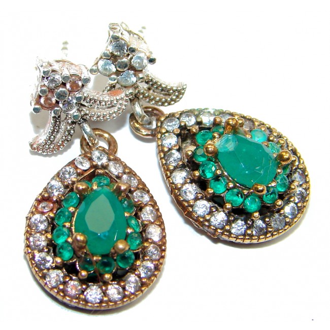 Victorian Style created Green Emerald Sterling Silver earrings