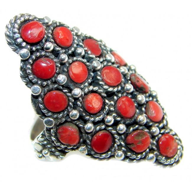 Great Coral Sterling Silver handcrafted Ring s. 8 1/4