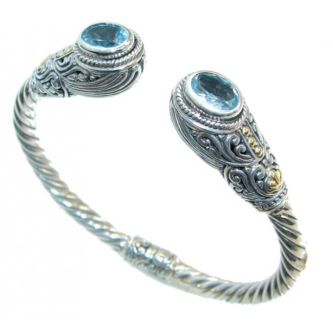 Genuine Swiss Blue Topaz Two Tones Sterling Silver handmade Bracelet Cuff